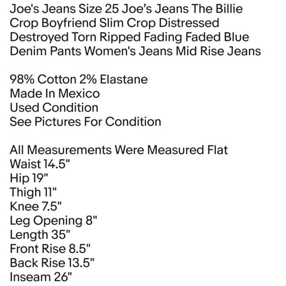Joe's Jeans Size 25 Joe’s Jeans The Billie Crop Boyfriend Slim Crop Distressed - Picture 7 of 7